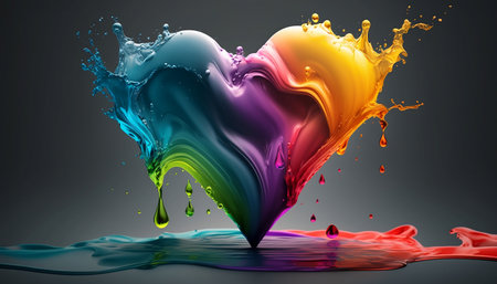 3d rendering of heart shape made of colorful splashes on black backgroundの素材