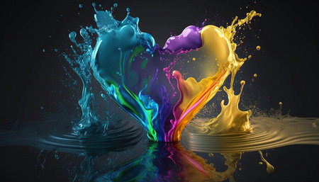 3d rendering of heart made of colorful splashes on black backgroundの素材