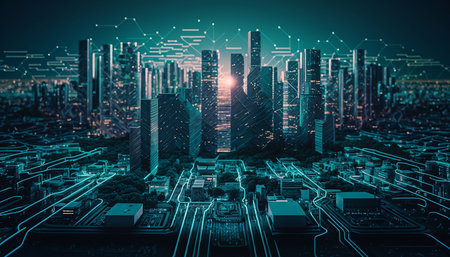 Abstract city background with circuit board. Technology concept. 3D Renderの素材