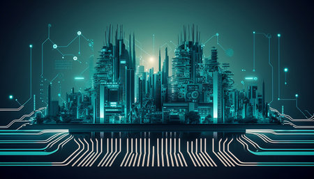 Abstract future city background. Futuristic technology style. Vector illustration.の素材
