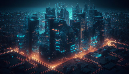Futuristic city at night with neon lights. 3d renderの素材