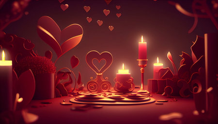 Valentines day background with red hearts and candles. 3d renderの素材