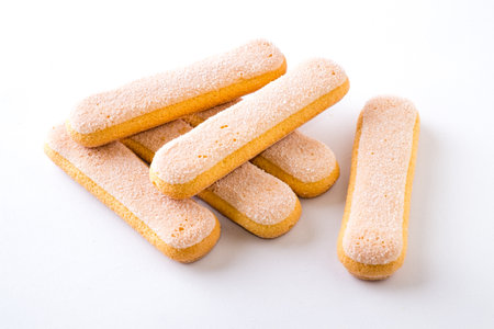 Italian Savoiardi ladyfingers Biscuits on white backgroundの写真素材