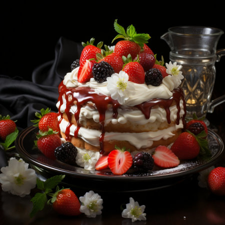 Strawberry cake with whipped cream and fresh berries on black backgroundの素材