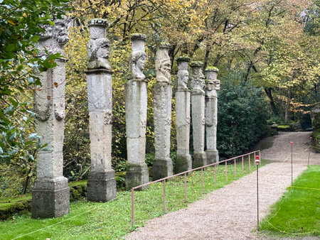 Ancient herms depicting Roman gods in the gardens of Bomarzo, also known as the park of monsters, located in the province of Viterbo, Latium, Italyの写真素材