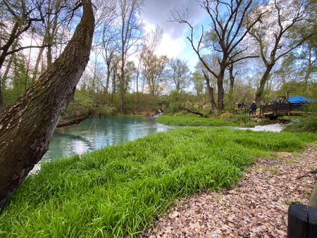 Tourists walking over a wooden bridge in Lavino Park, Scafa, with the turquoise Lavino river flowing gently through lush vegetationの写真素材