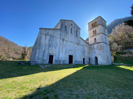 San Liberatore a Maiella, a stunning example of Romanesque architecture in Serramonacesca, Abruzzo, Italy, basks in the sunlight, showcasing its historical beauty and serene settingの写真素材