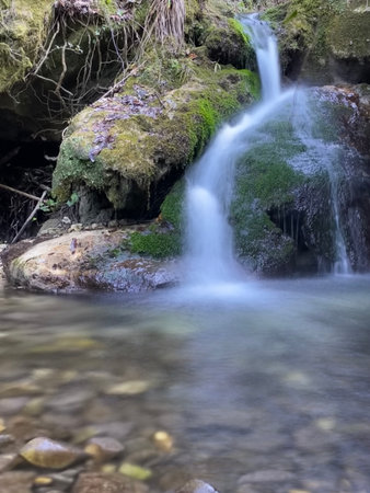 Gentle waterfall cascading over moss-covered rocks in tranquil Abruzzo stream, highlighting pristine natural landscape of Serramonacesca, Italyの写真素材