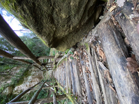 Rocky wooden stairs climbing steep mountain path with rustic handrail, viewed from low angle in Serramonacesca mountain landscape, Italyの写真素材