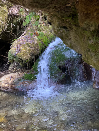 Clear water flowing on moss covered rocks in a small waterfall in Serramonacesca, Abruzzo, Italy, creating a peaceful natural sceneの写真素材
