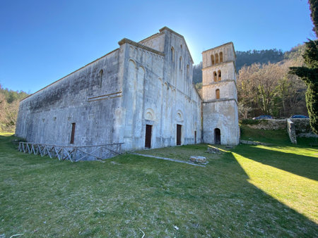 The majestic San Liberatore a Maiella Abbey, a historical landmark in Serramonacesca, Abruzzo, basking in the Italian sunlightの写真素材