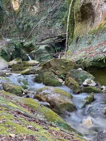 Mountain stream winding through moss-covered rocks, wooden footbridge spanning rocky ravine in Serramonacesca's lush Abruzzo landscape, Italyの写真素材