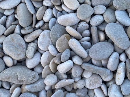 Close-up of various smooth gray pebbles creating a natural and calming backdrop on the beach of Pineto, Abruzzo, Italyの写真素材