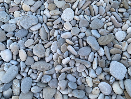 Close-up of various smooth gray pebbles creating a natural, textured background on the beach of Pineto, Abruzzo, Italy, perfect for zen and relaxing conceptsの写真素材