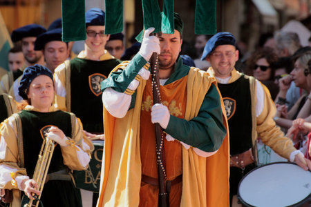 Ferrara, Italy - 10 may 2015 - Arrival in the square of the flag wavers and drummers