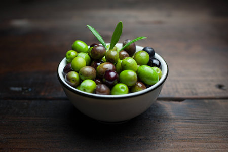 Olive oil and olivesの写真素材
