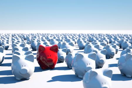red and white piggy bank on blue background - 3D renderingの写真素材