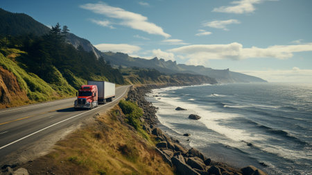 Truck on the road in the Pacific Ocean. Freight transportation.の素材