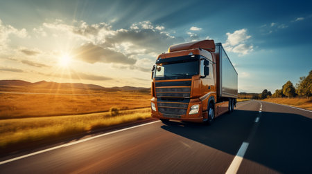 Truck on the road at sunset. Transportation and logistics concept.の素材