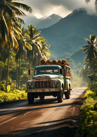 Truck on the road with palm trees and mountains in the backgroundの素材