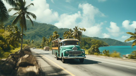 Truck on the road with palm trees and mountains in the backgroundの素材