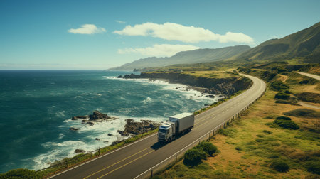 Aerial view of a modern semi-trailer truck driving on the road at sunset.の素材