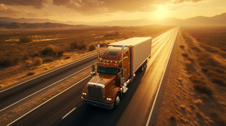 Truck on the road with sunset background. 3d rendering.の素材