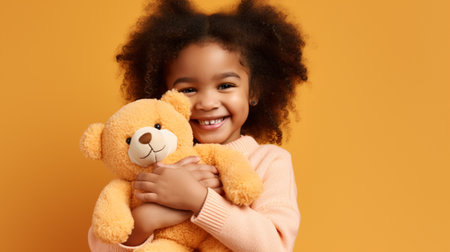 Little african american girl with teddy bear on yellow backgroundの素材
