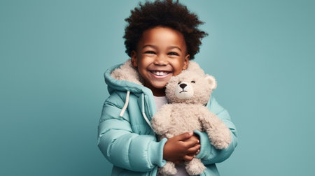 happy african american little girl in winter jacket with teddy bearの素材