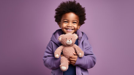 happy african american little girl with teddy bear on violet backgroundの素材
