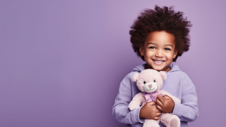 Portrait of a cute african american little girl with teddy bear on purple backgroundの素材