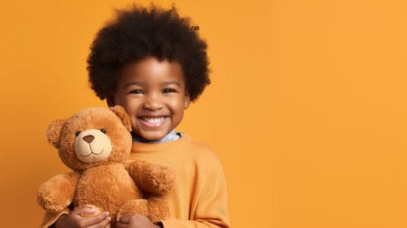 Happy african american little boy with teddy bear on yellow backgroundの素材