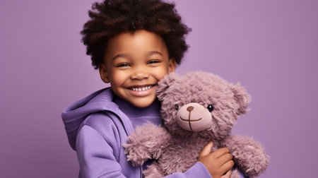 smiling african american little girl with teddy bear isolated on violetの素材