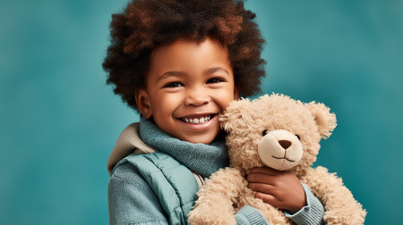 happy african american little girl with teddy bear on blueの素材