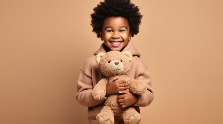 happy african american girl with teddy bear on beige backgroundの素材