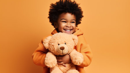 smiling african american boy with teddy bear isolated on orangeの素材