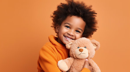 happy african american child with teddy bear isolated on orangeの素材