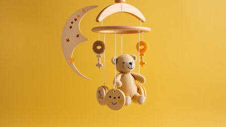 Baby cote mobile. Musical toy. Cute teddy bear sitting on a swing with moon and stars. 3d renderingの素材