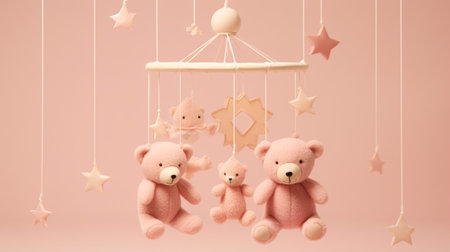 Pink teddy bear on a swing with stars on a pink backgroundの素材