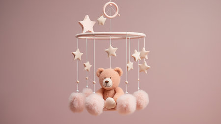 Pink teddy bear on a swing with stars on a pink backgroundの素材
