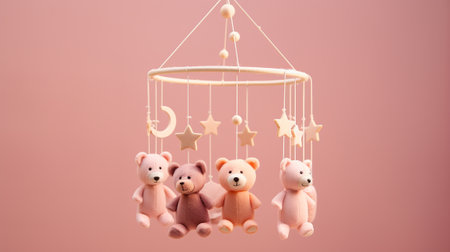 Pink teddy bear on a swing with stars on a pink backgroundの素材