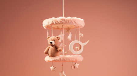 Pink teddy bear on a swing with stars on a pink backgroundの素材