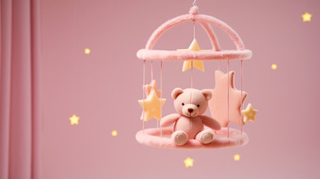 Pink teddy bear on a swing with stars on a pink backgroundの素材
