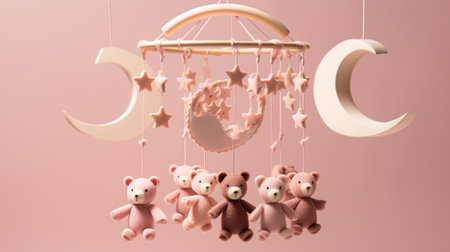 Pink teddy bear on a swing with stars on a pink backgroundの素材