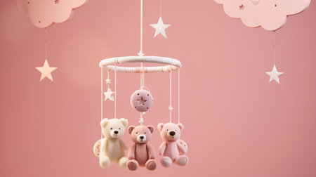 Pink teddy bear on a swing with stars on a pink backgroundの素材
