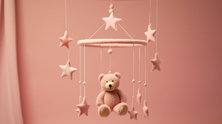Pink teddy bear on a swing with stars on a pink backgroundの素材