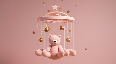 Pink teddy bear on a swing with stars on a pink backgroundの素材