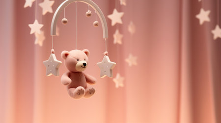Pink teddy bear on a swing with stars on a pink backgroundの素材