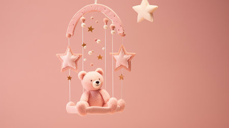 Pink teddy bear on a swing with stars on a pink backgroundの素材