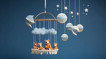 Baby cot mobile. Musical Toy. Cute baby crib with toys on blue background. 3d renderingの素材